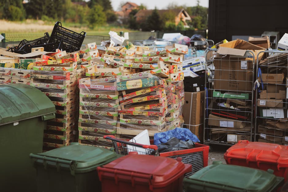 The image shows a large outdoor area filled with various waste and recycling materials, primarily consisting of numerous stacked cardboard boxes labeled 'fresh fruits' with colorful printed designs. T